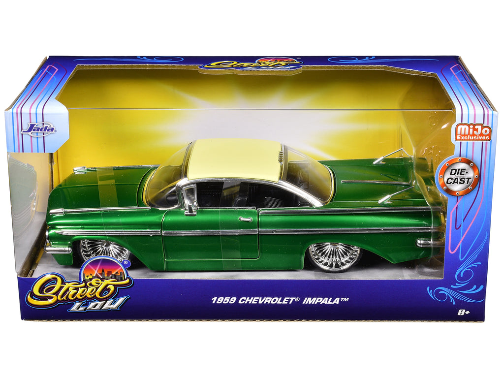 1959 Chevrolet Impala Lowrider Green Metallic with Cream Top and DUB Wire Wheels 'Street Low' Series 1/24 Diecast Model Car by Jada