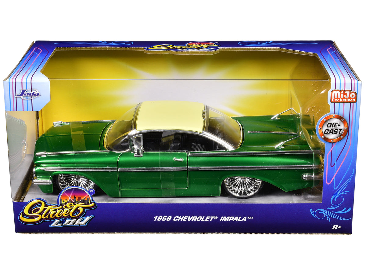 1959 Chevrolet Impala Lowrider Green Metallic with Cream Top and DUB Wire Wheels 'Street Low' Series 1/24 Diecast Model Car by Jada
