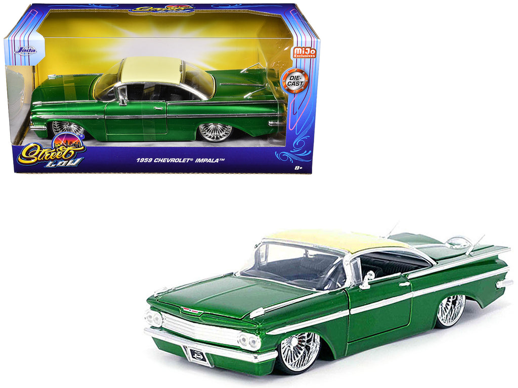 1959 Chevrolet Impala Lowrider Green Metallic with Cream Top and DUB Wire Wheels 'Street Low' Series 1/24 Diecast Model Car by Jada