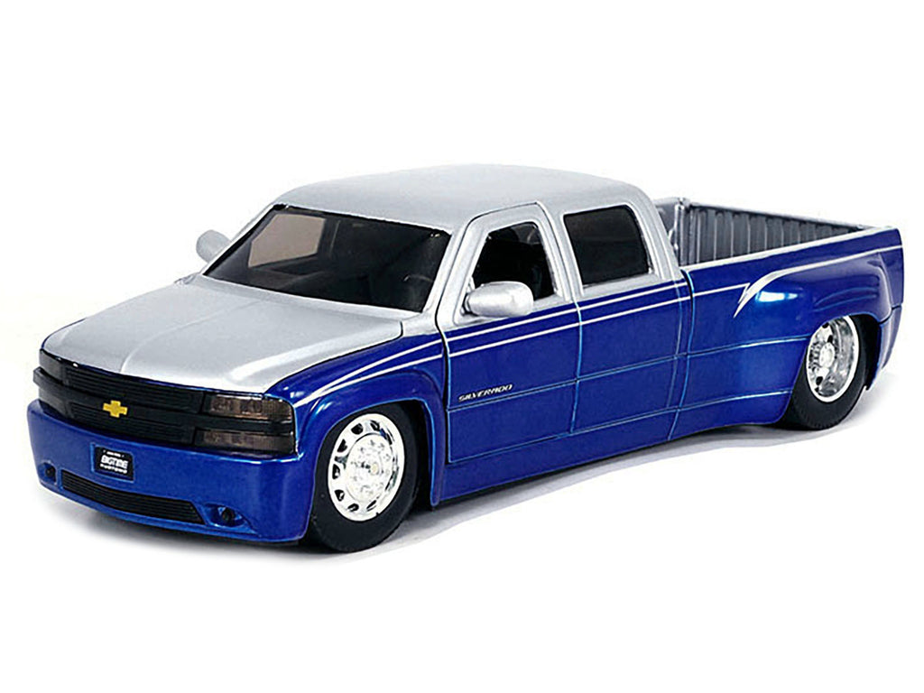 1999 Chevrolet Silverado Dually Pickup Truck Blue Metallic and Silver with Stock Wheels 'Just Trucks' Series 1/24 Diecast Model Car by Jada