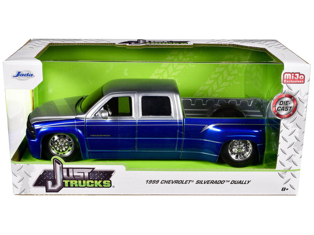 1999 Chevrolet Silverado Dually Pickup Truck Blue Metallic and Silver with Stock Wheels 'Just Trucks' Series 1/24 Diecast Model Car by Jada
