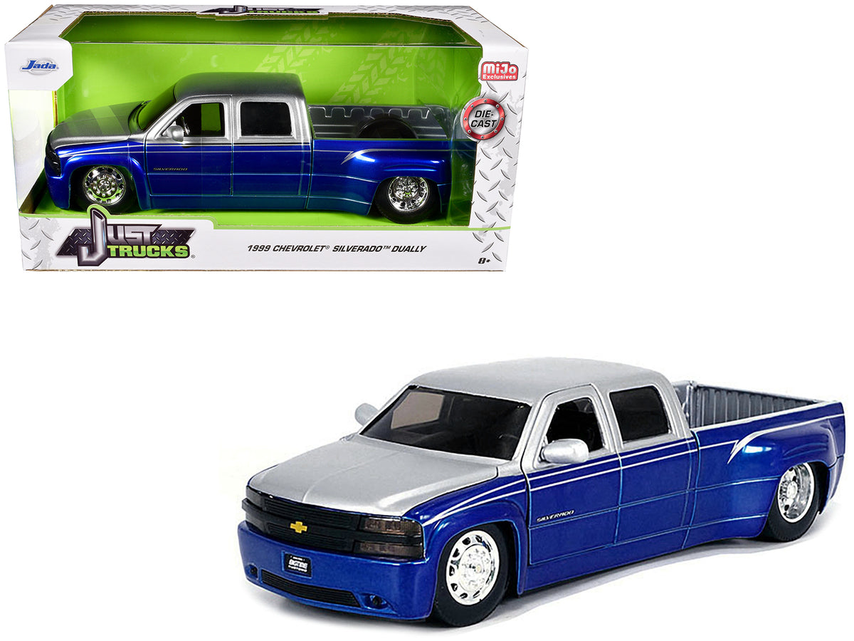 1999 Chevrolet Silverado Dually Pickup Truck Blue Metallic and Silver with Stock Wheels 'Just Trucks' Series 1/24 Diecast Model Car by Jada