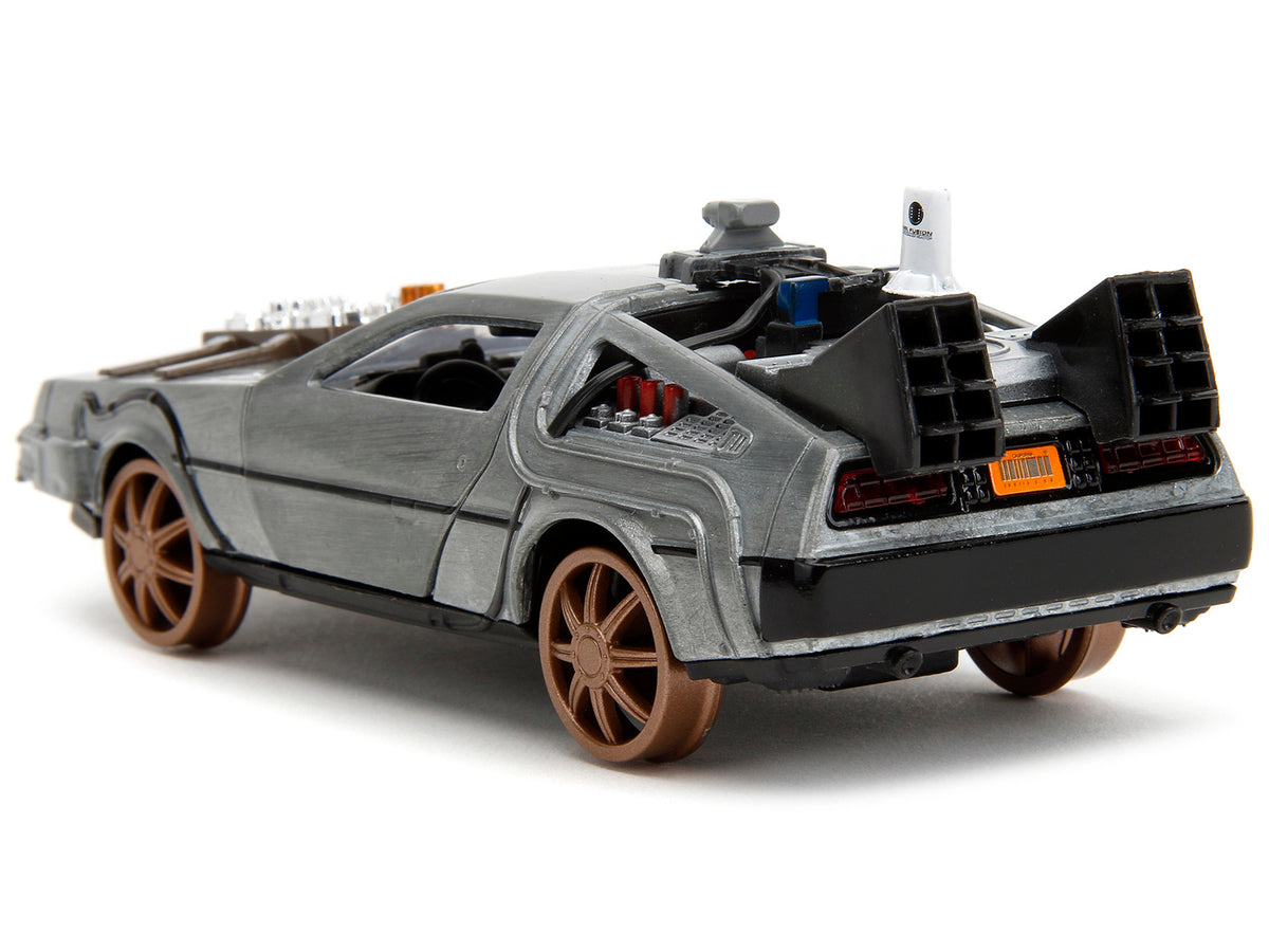 DeLorean DMC (Time Machine) Brushed Metal Train Wheel Version 'Back to the Future Part III' (1990) Movie 'Hollywood Rides' Series 1/32 Diecast Model Car by Jada