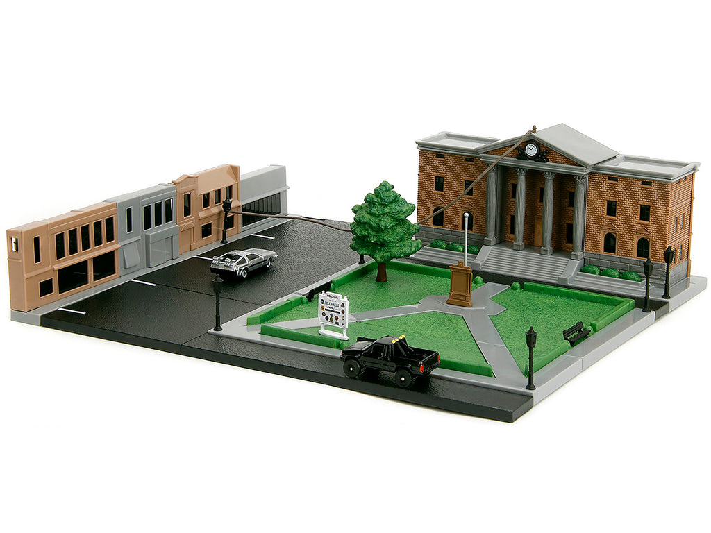 Hill Valley Courthouse Diorama with Black Pickup Truck and Delorean 'Back to the Future' (1985) Movie 'Nano Scene' Series Model by Jada