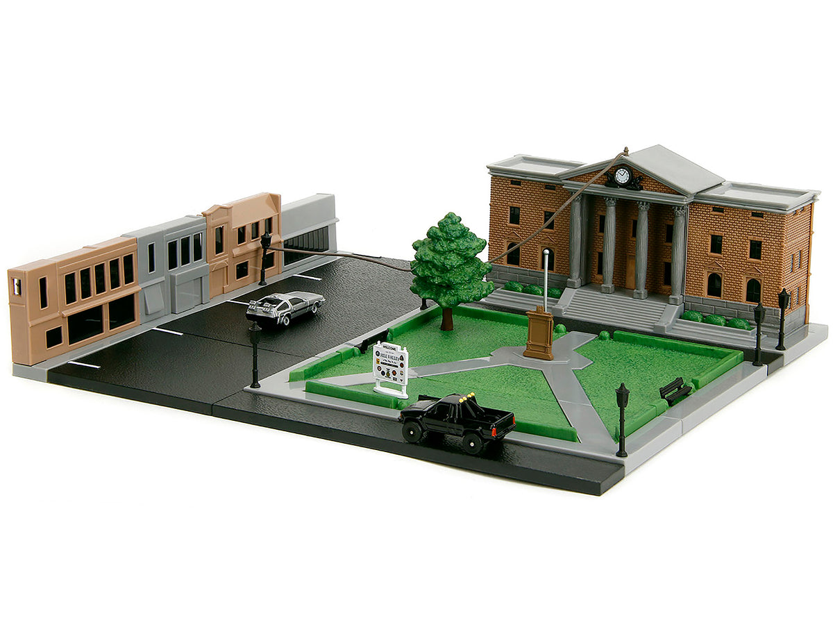 Hill Valley Courthouse Diorama with Black Pickup Truck and Delorean 'Back to the Future' (1985) Movie 'Nano Scene' Series Model by Jada