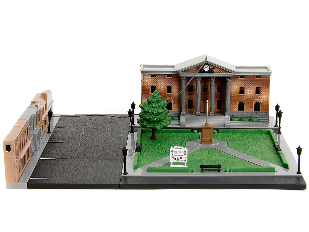 Hill Valley Courthouse Diorama with Black Pickup Truck and Delorean 'Back to the Future' (1985) Movie 'Nano Scene' Series Model by Jada