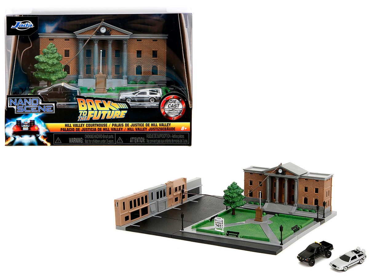 Hill Valley Courthouse Diorama with Black Pickup Truck and Delorean 'Back to the Future' (1985) Movie 'Nano Scene' Series Model by Jada