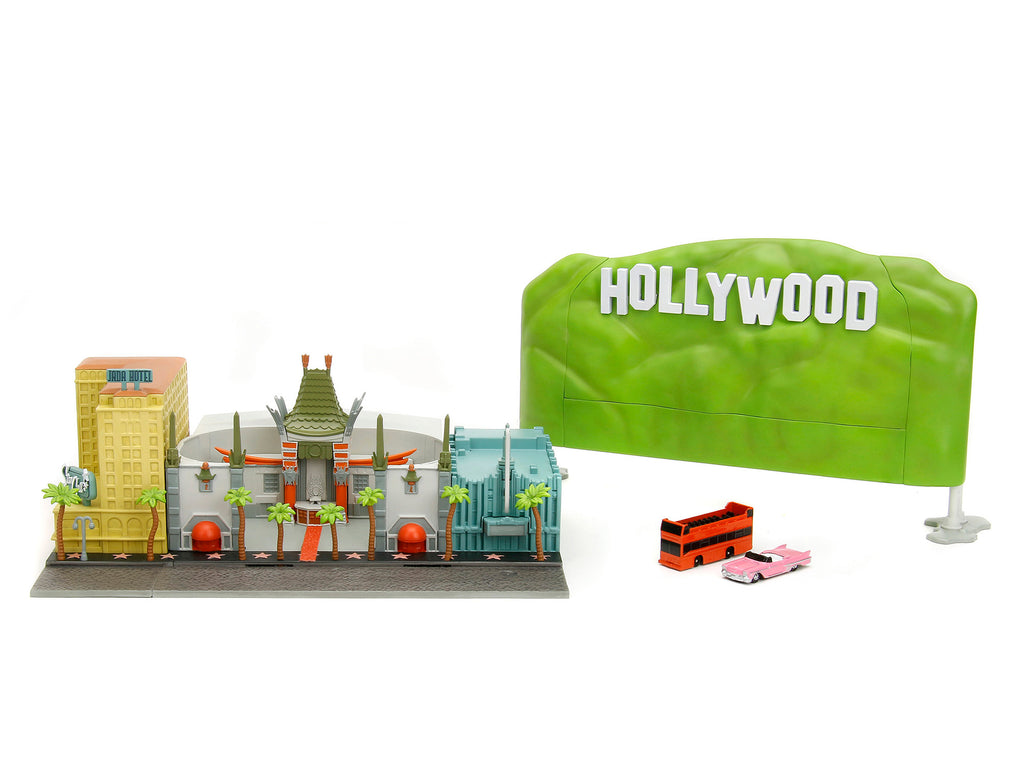 'Hollywood 100' Walk of Fame Diorama with Pink Convertible and Double-Decker Bus 'Nano Scene' Series model by Jada
