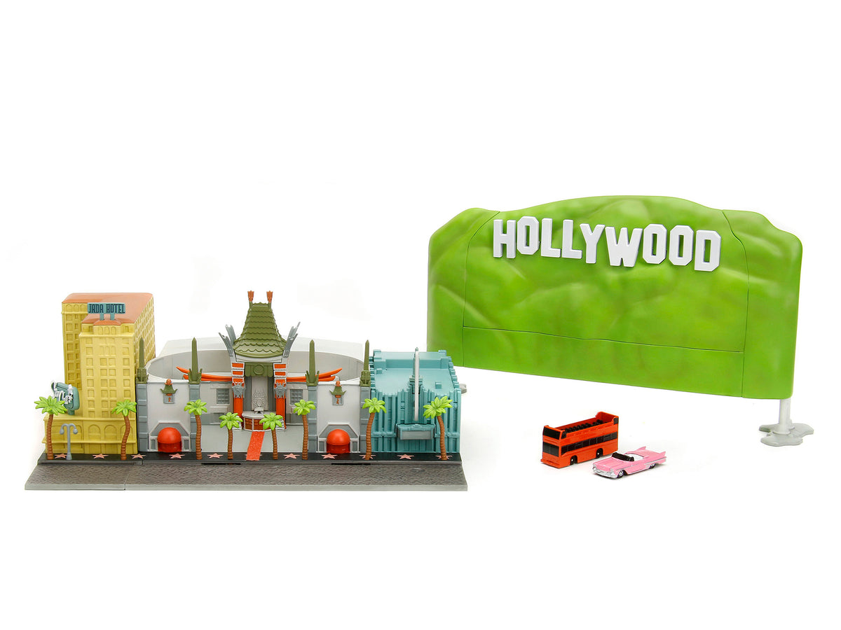 'Hollywood 100' Walk of Fame Diorama with Pink Convertible and Double-Decker Bus 'Nano Scene' Series model by Jada