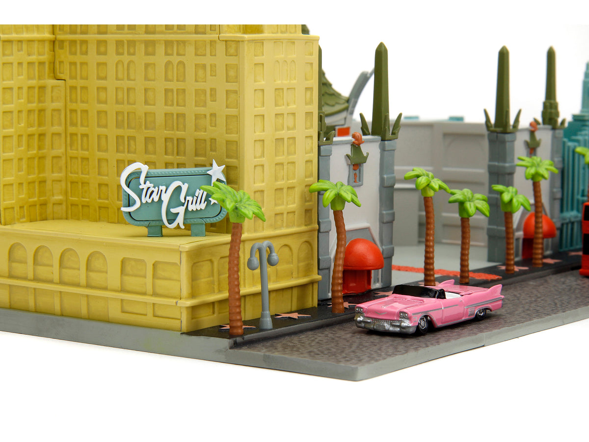 'Hollywood 100' Walk of Fame Diorama with Pink Convertible and Double-Decker Bus 'Nano Scene' Series model by Jada