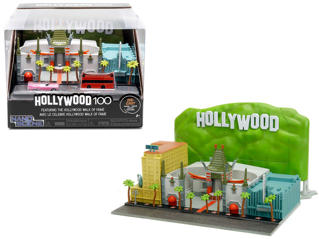 'Hollywood 100' Walk of Fame Diorama with Pink Convertible and Double-Decker Bus 'Nano Scene' Series model by Jada