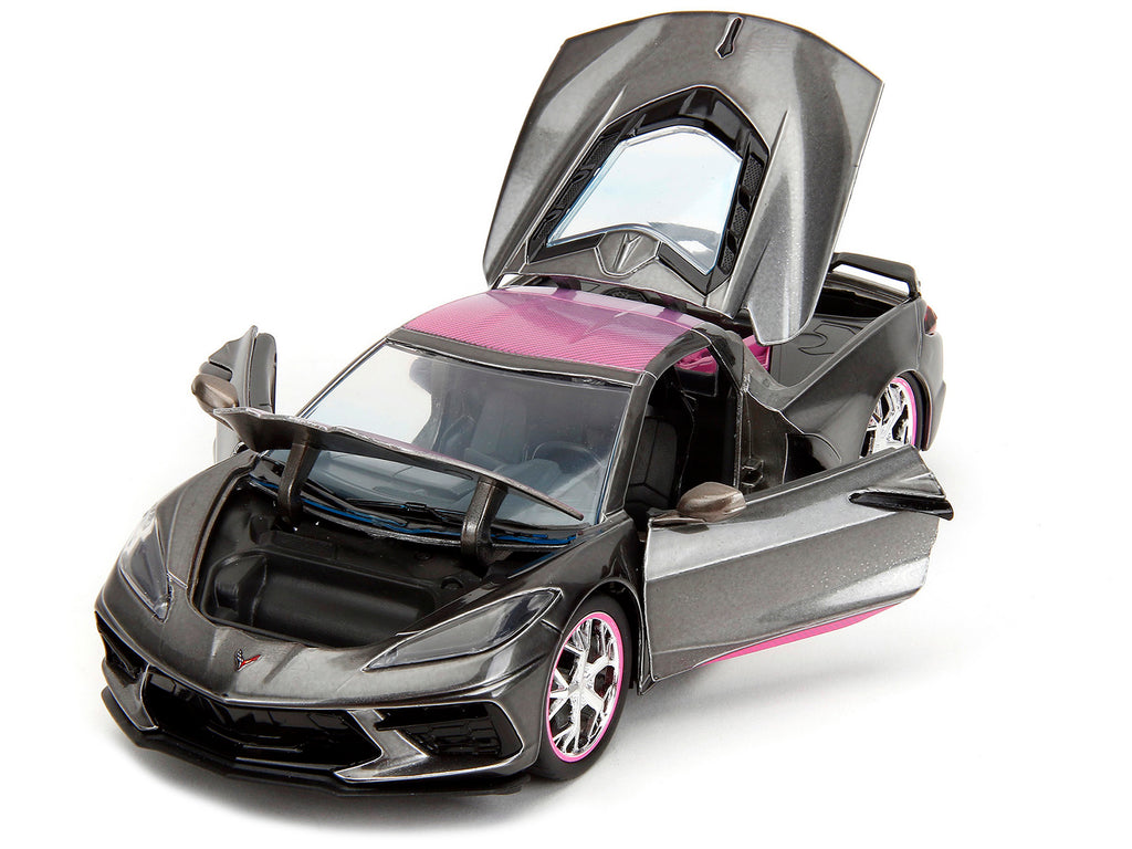 2020 Chevrolet Corvette Stingray Gray Metallic with Pink Carbon Hood and Top 'Pink Slips' Series 1/24 Diecast Model Car by Jada