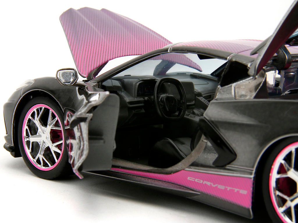 2020 Chevrolet Corvette Stingray Gray Metallic with Pink Carbon Hood and Top 'Pink Slips' Series 1/24 Diecast Model Car by Jada