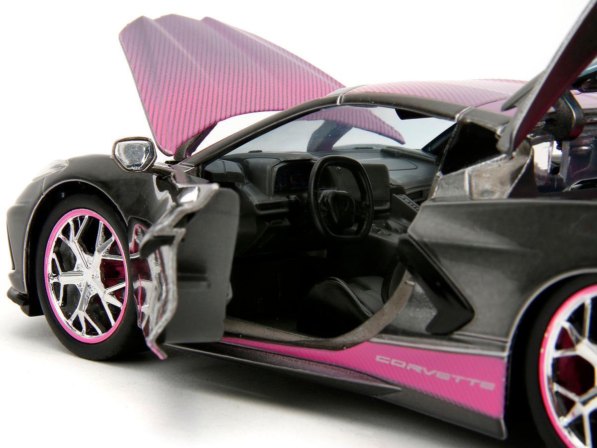 2020 Chevrolet Corvette Stingray Gray Metallic with Pink Carbon Hood and Top 'Pink Slips' Series 1/24 Diecast Model Car by Jada