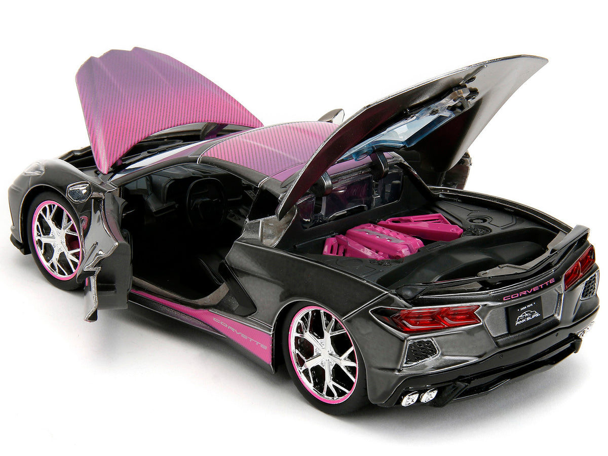 2020 Chevrolet Corvette Stingray Gray Metallic with Pink Carbon Hood and Top 'Pink Slips' Series 1/24 Diecast Model Car by Jada
