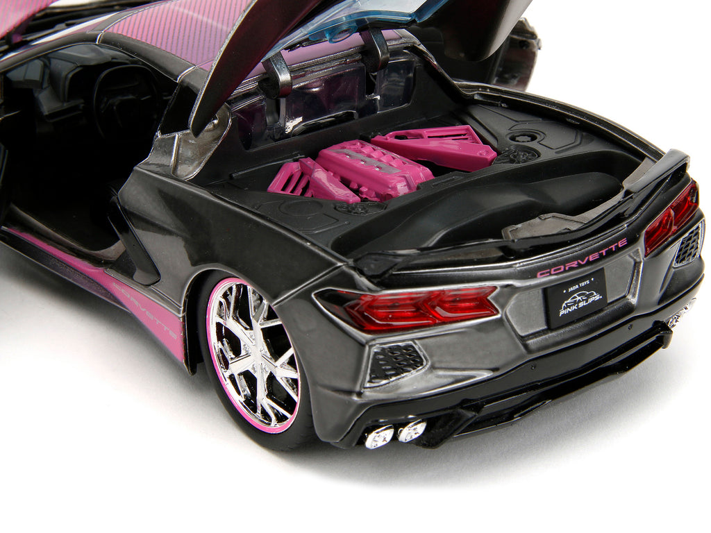 2020 Chevrolet Corvette Stingray Gray Metallic with Pink Carbon Hood and Top 'Pink Slips' Series 1/24 Diecast Model Car by Jada