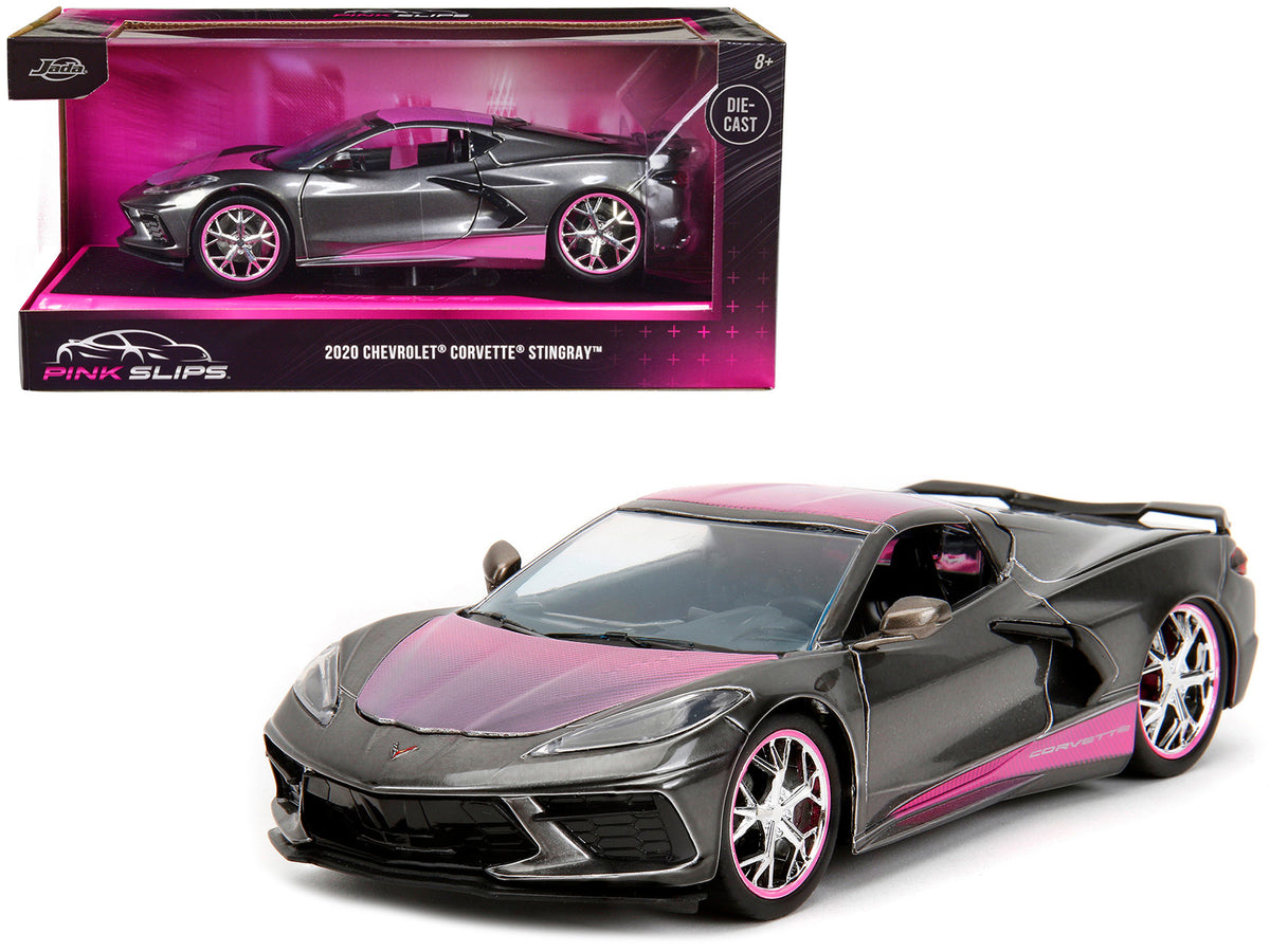 2020 Chevrolet Corvette Stingray Gray Metallic with Pink Carbon Hood and Top 'Pink Slips' Series 1/24 Diecast Model Car by Jada