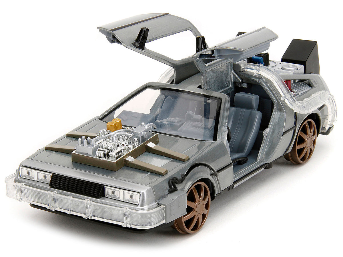 DeLorean Brushed Metal Time Machine (Train Wheel Version) with Lights 'Back to the Future Part III' (1990) Movie 'Hollywood Rides' Series 1/24 Diecast Model Car by Jada