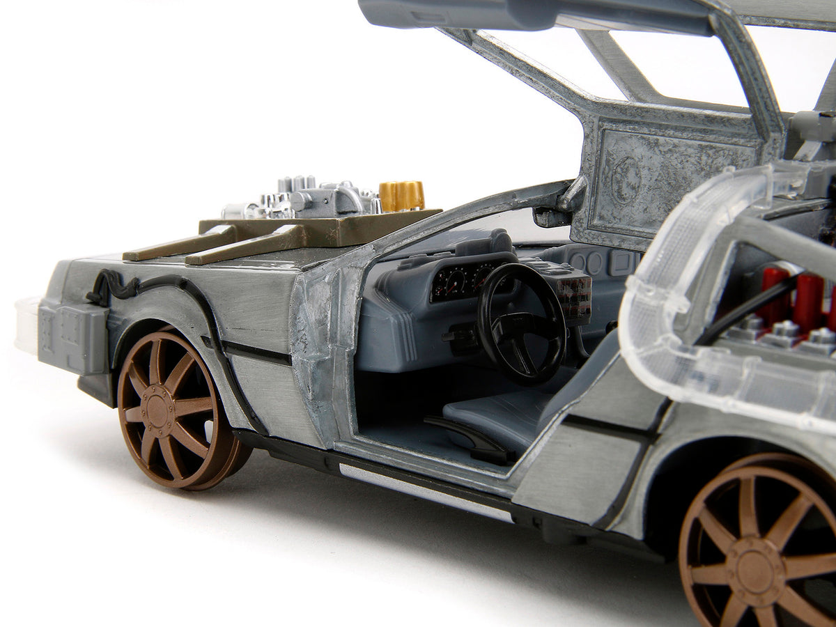 DeLorean Brushed Metal Time Machine (Train Wheel Version) with Lights 'Back to the Future Part III' (1990) Movie 'Hollywood Rides' Series 1/24 Diecast Model Car by Jada