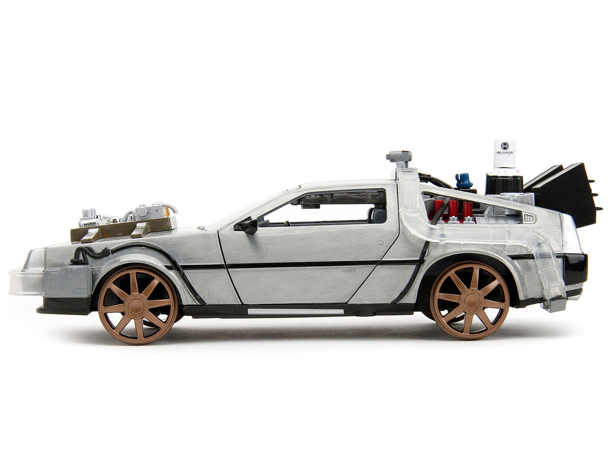 DeLorean Brushed Metal Time Machine (Train Wheel Version) with Lights 'Back to the Future Part III' (1990) Movie 'Hollywood Rides' Series 1/24 Diecast Model Car by Jada