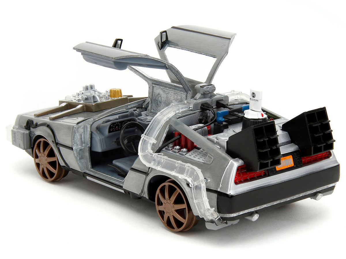 DeLorean Brushed Metal Time Machine (Train Wheel Version) with Lights 'Back to the Future Part III' (1990) Movie 'Hollywood Rides' Series 1/24 Diecast Model Car by Jada