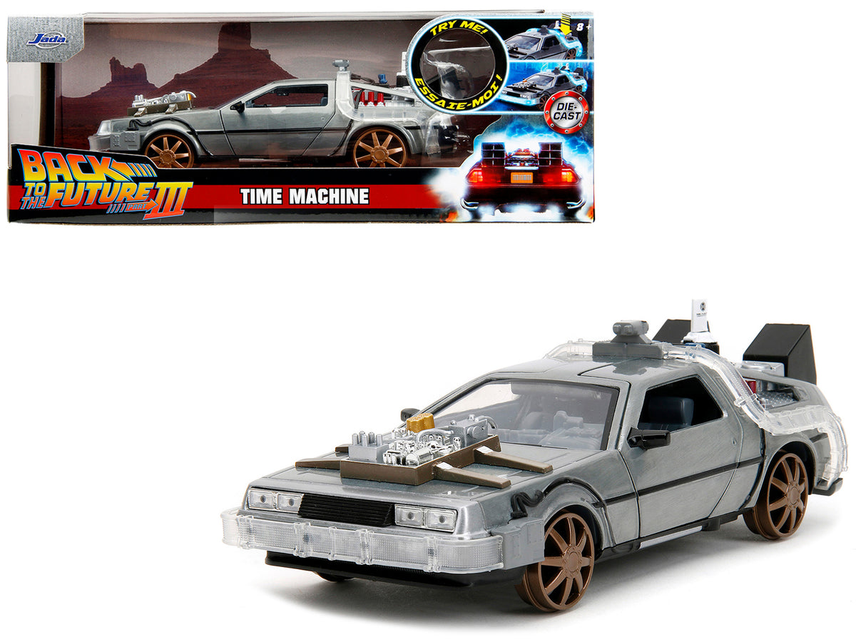 DeLorean Brushed Metal Time Machine (Train Wheel Version) with Lights 'Back to the Future Part III' (1990) Movie 'Hollywood Rides' Series 1/24 Diecast Model Car by Jada