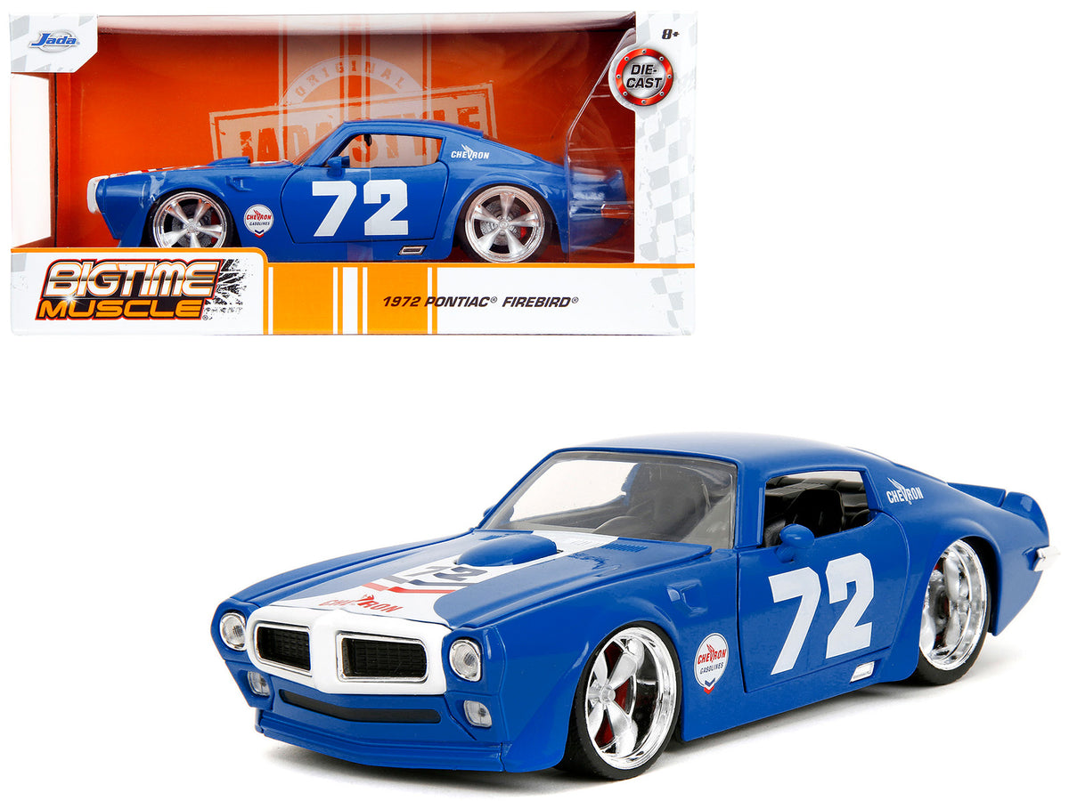 1972 Pontiac Firebird #72 Blue with White Stripe 'Chevron' 'Bigtime Muscle' Series 1/24 Diecast Model Car by Jada