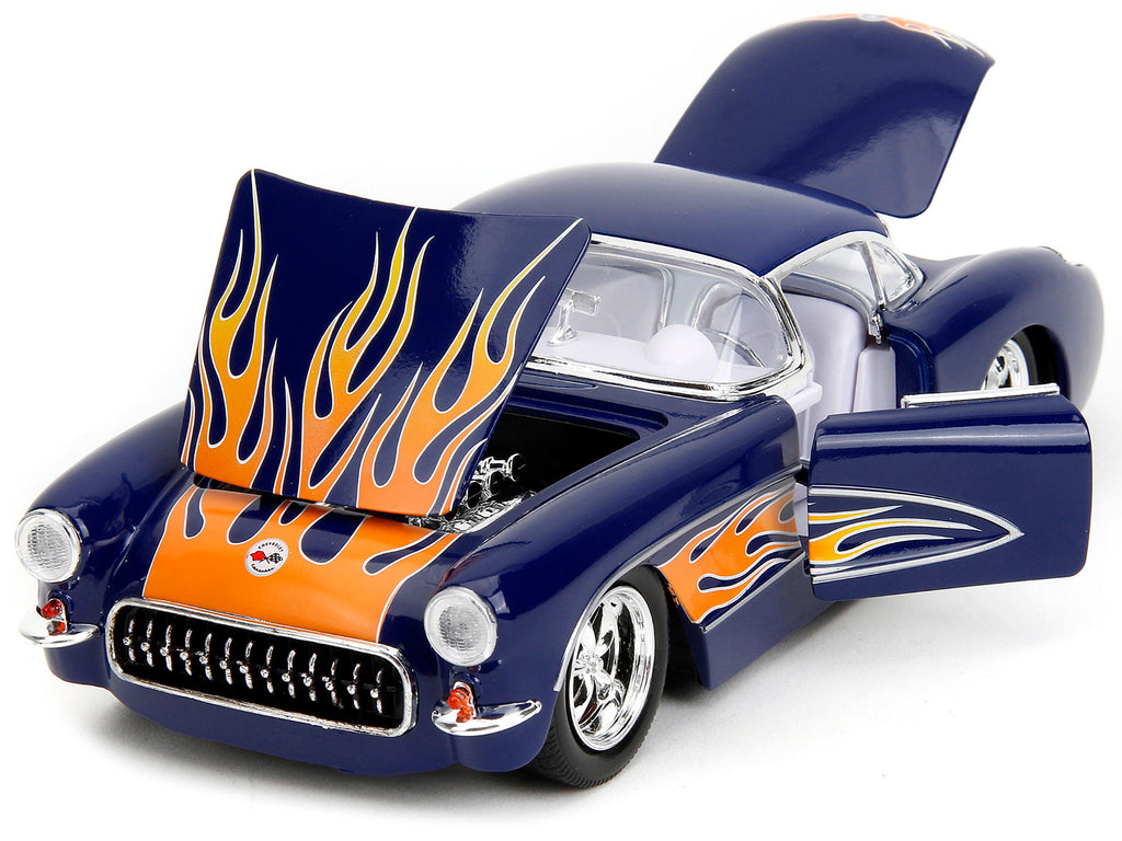 1957 Chevrolet Corvette Dark Blue with Flame Graphics and White Interior 'Bigtime Muscle' Series 1/24 Diecast Model Car by Jada