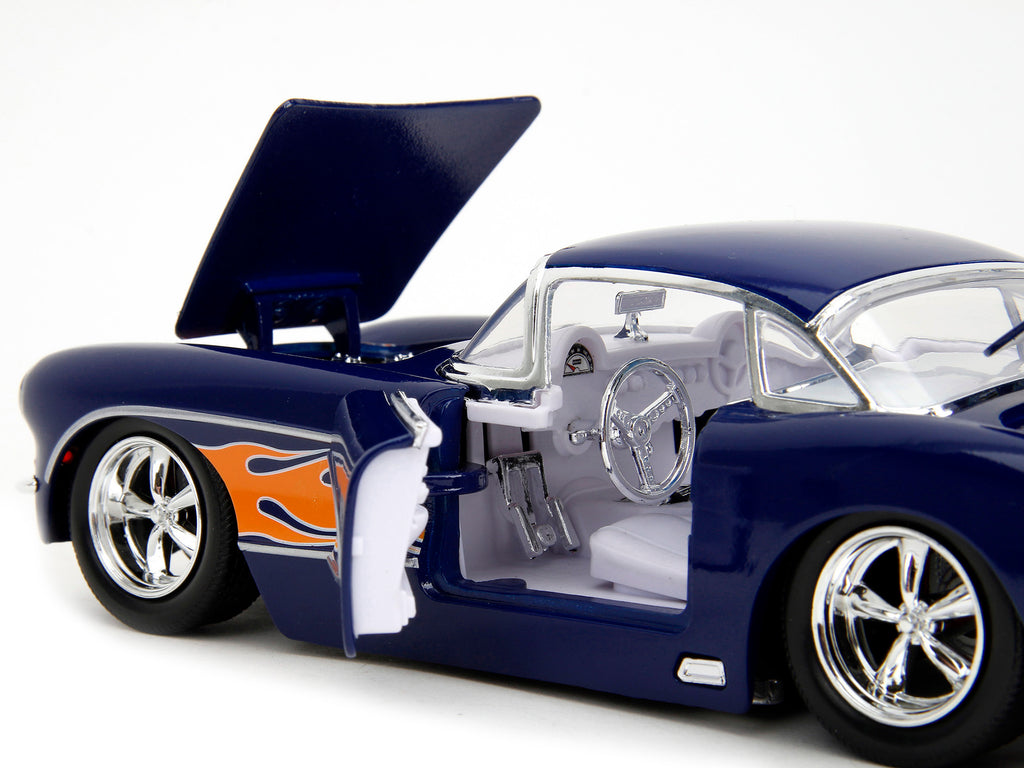 1957 Chevrolet Corvette Dark Blue with Flame Graphics and White Interior 'Bigtime Muscle' Series 1/24 Diecast Model Car by Jada