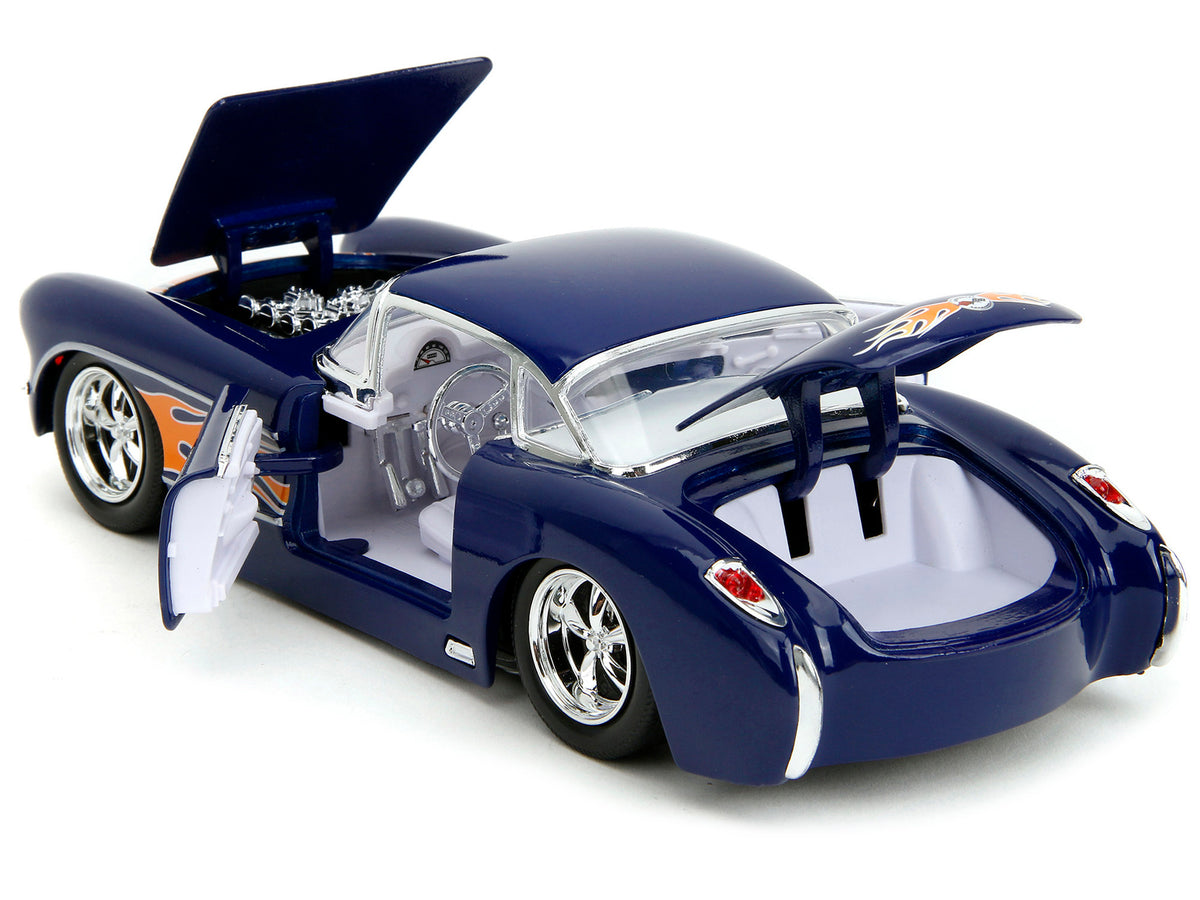 1957 Chevrolet Corvette Dark Blue with Flame Graphics and White Interior 'Bigtime Muscle' Series 1/24 Diecast Model Car by Jada