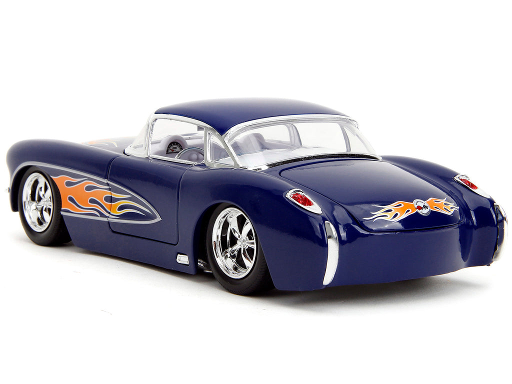1957 Chevrolet Corvette Dark Blue with Flame Graphics and White Interior 'Bigtime Muscle' Series 1/24 Diecast Model Car by Jada