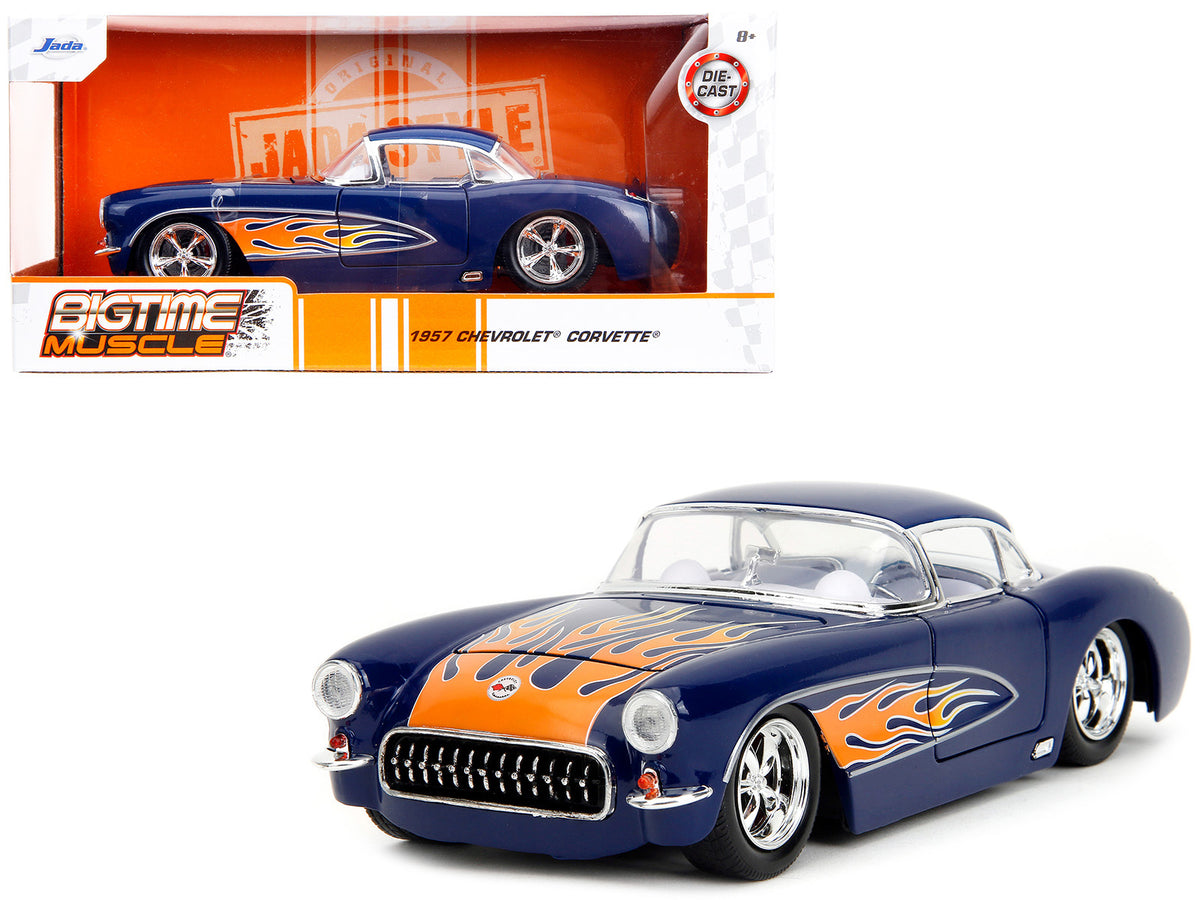 1957 Chevrolet Corvette Dark Blue with Flame Graphics and White Interior 'Bigtime Muscle' Series 1/24 Diecast Model Car by Jada