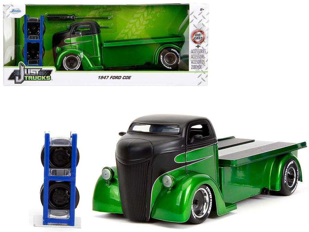 1947 Ford COE Flatbed Truck Green Metallic and Matt Black 'Toyo Tires' with Extra Wheels 'Just Trucks' Series 1/24 Diecast Model Car by Jada