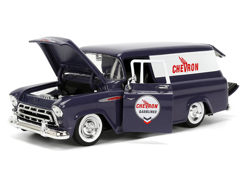 1957 Chevrolet Suburban 'Chevron' Dark Blue with White Stripes and Chevron Gas Pump 'Just Trucks' Series 1/24 Diecast Model Car by Jada