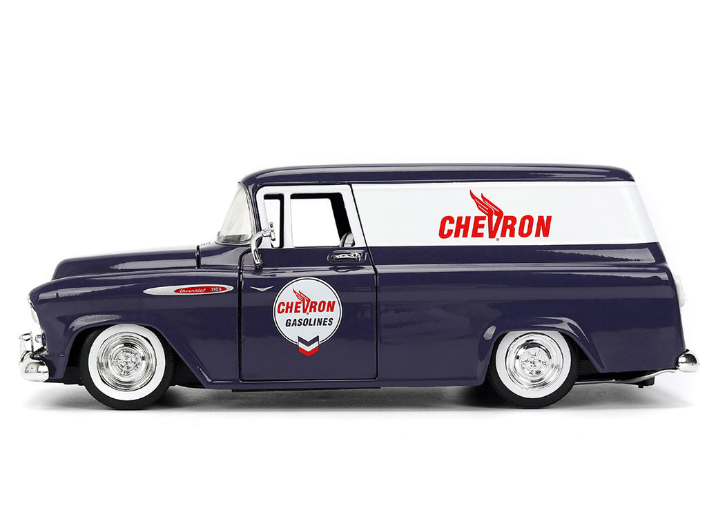 1957 Chevrolet Suburban 'Chevron' Dark Blue with White Stripes and Chevron Gas Pump 'Just Trucks' Series 1/24 Diecast Model Car by Jada