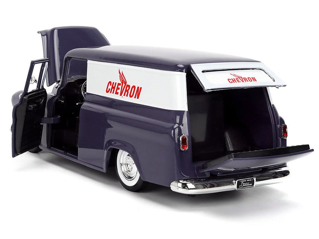 1957 Chevrolet Suburban 'Chevron' Dark Blue with White Stripes and Chevron Gas Pump 'Just Trucks' Series 1/24 Diecast Model Car by Jada