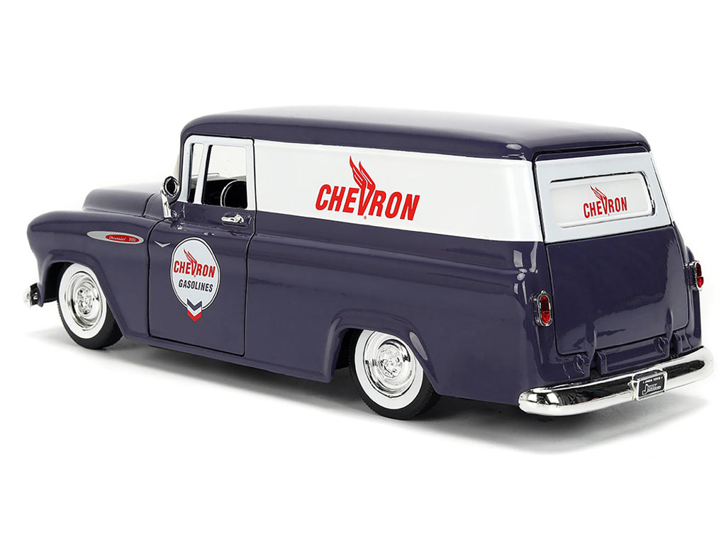 1957 Chevrolet Suburban 'Chevron' Dark Blue with White Stripes and Chevron Gas Pump 'Just Trucks' Series 1/24 Diecast Model Car by Jada