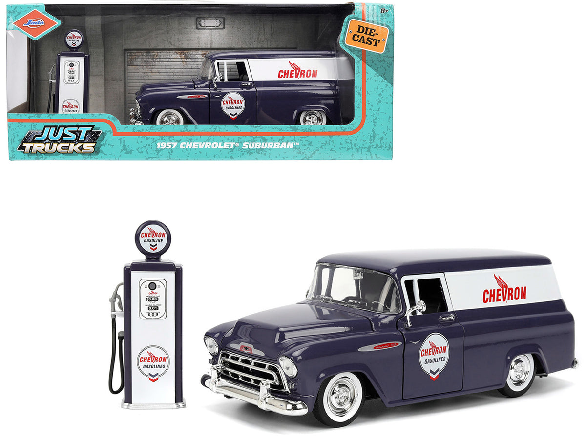 1957 Chevrolet Suburban 'Chevron' Dark Blue with White Stripes and Chevron Gas Pump 'Just Trucks' Series 1/24 Diecast Model Car by Jada