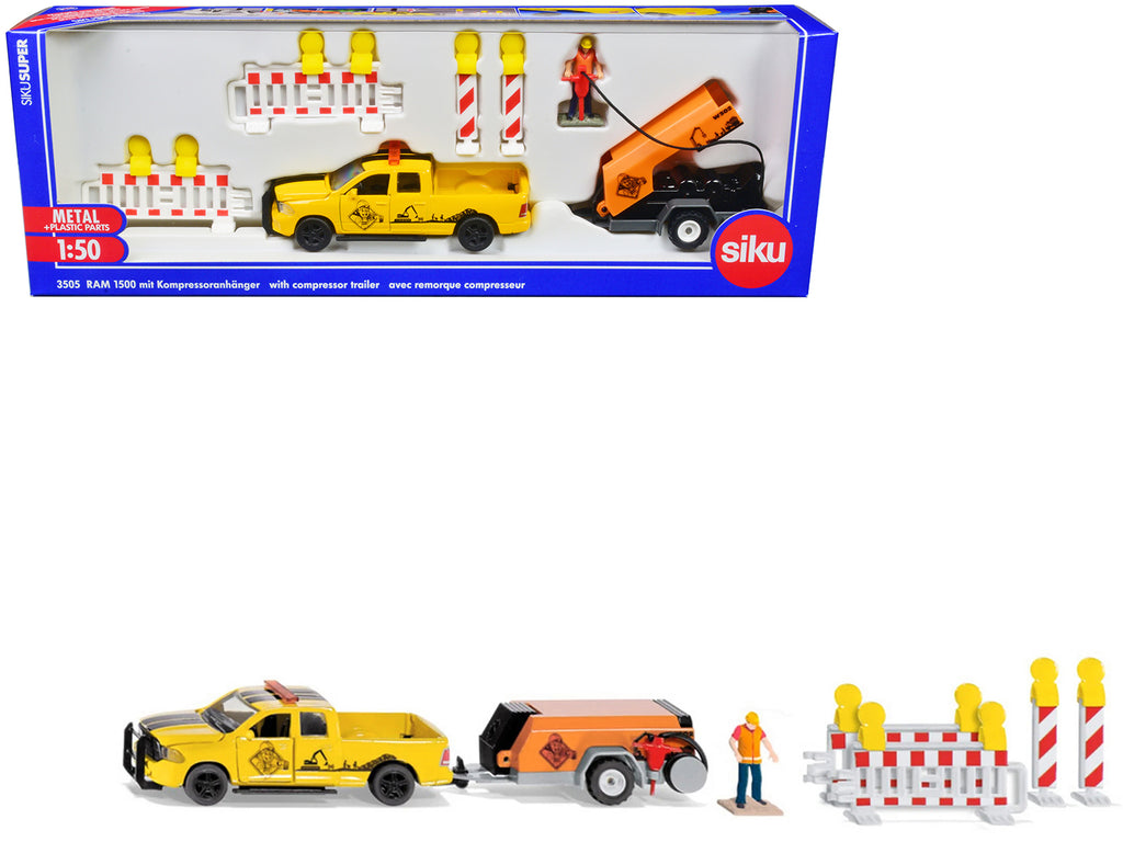 Ram 1500 Pickup Truck Yellow with Compressor Trailer and Worker Figure with Accessories Set 1/50 Diecast Models by Siku