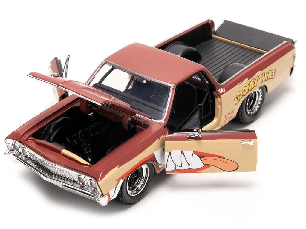 1967 Chevrolet El Camino Brown and Beige with Graphics and Tasmanian Devil (Taz) Diecast Figure 'Looney Tunes' 'Hollywood Rides' Series 1/24 Diecast Model Car by Jada