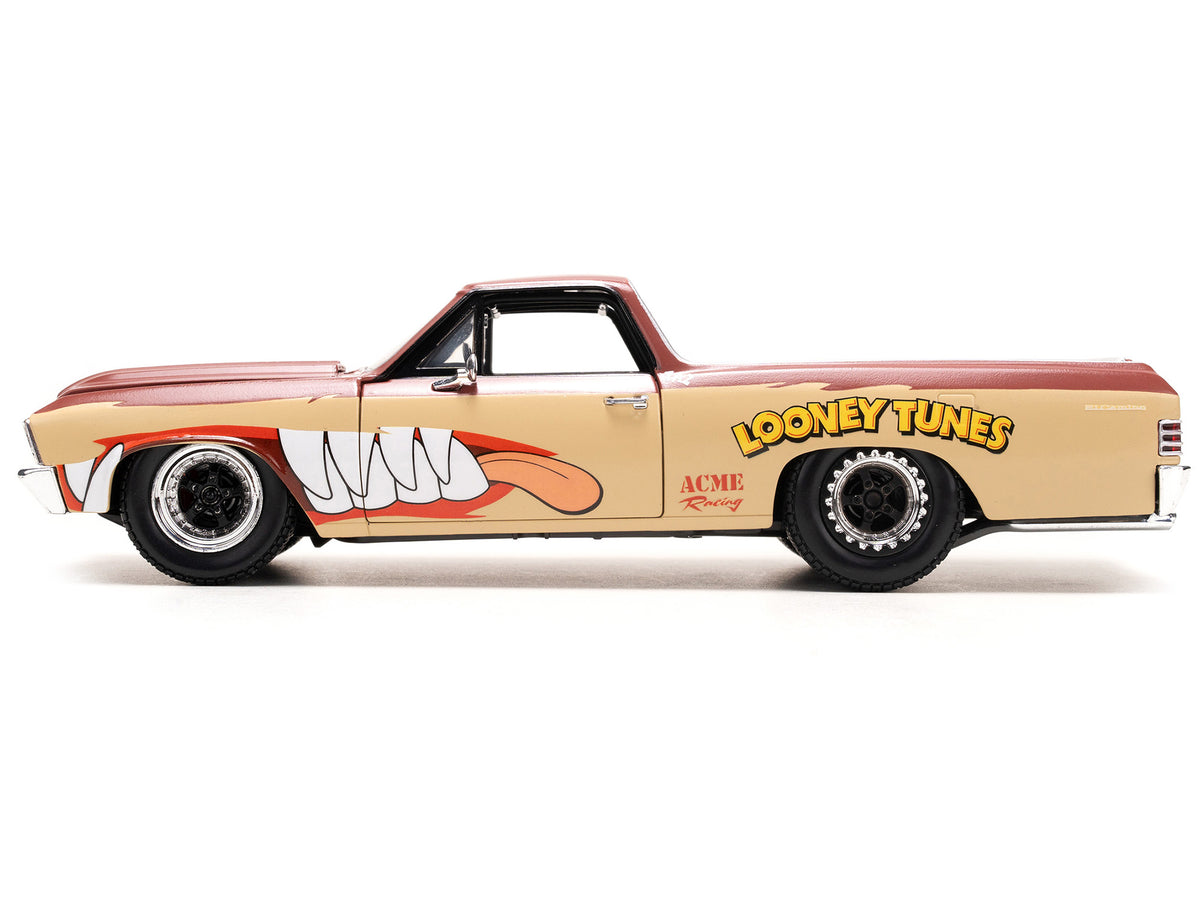 1967 Chevrolet El Camino Brown and Beige with Graphics and Tasmanian Devil (Taz) Diecast Figure 'Looney Tunes' 'Hollywood Rides' Series 1/24 Diecast Model Car by Jada