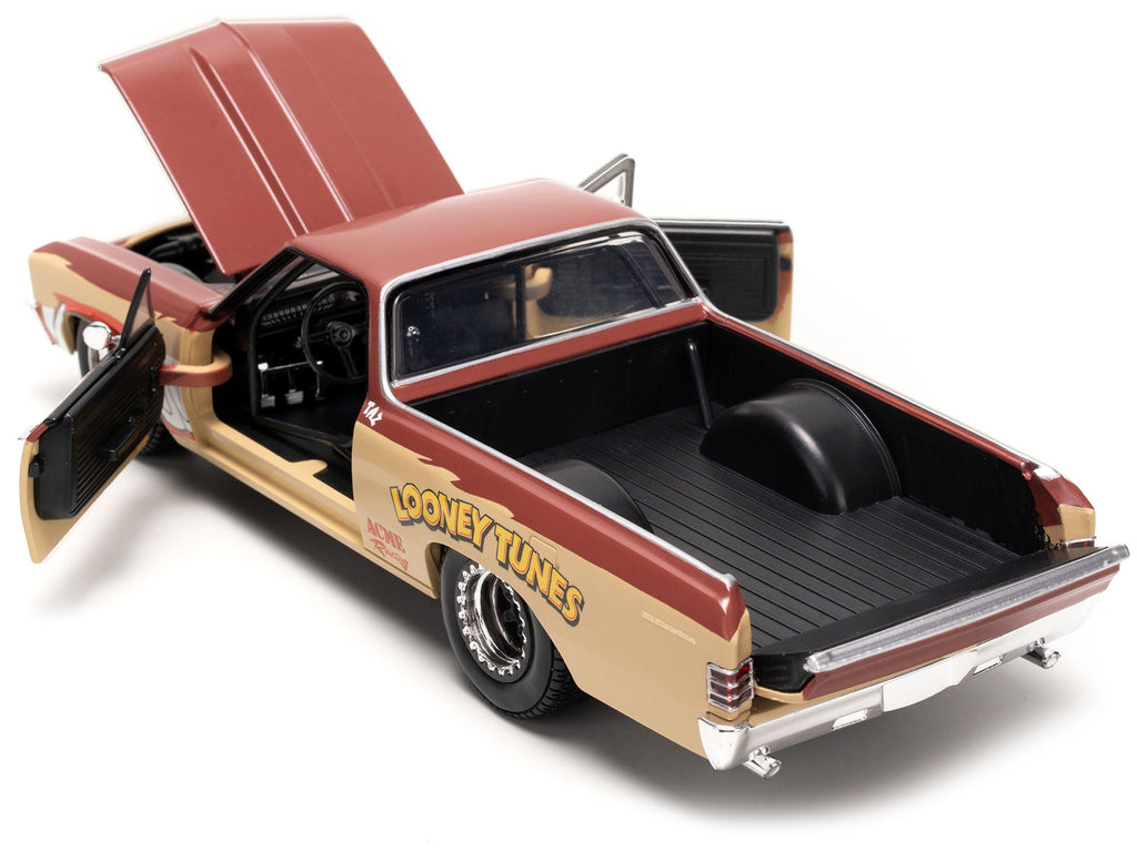 1967 Chevrolet El Camino Brown and Beige with Graphics and Tasmanian Devil (Taz) Diecast Figure 'Looney Tunes' 'Hollywood Rides' Series 1/24 Diecast Model Car by Jada