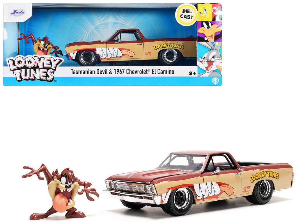 1967 Chevrolet El Camino Brown and Beige with Graphics and Tasmanian Devil (Taz) Diecast Figure 'Looney Tunes' 'Hollywood Rides' Series 1/24 Diecast Model Car by Jada