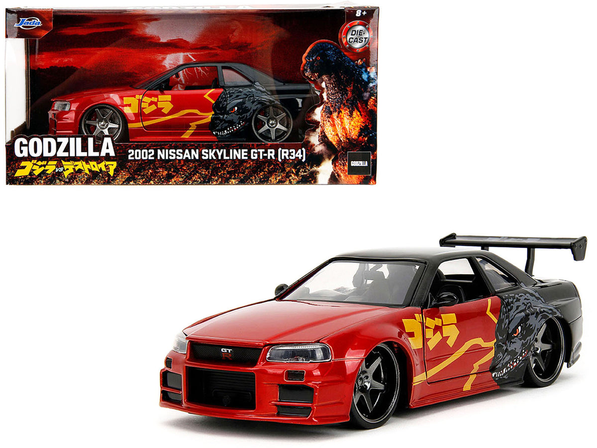 2002 Nissan Skyline GT-R (R34) RHD (Right Hand Drive) Red Metallic and Black 'Godzilla vs. Destoroyah' (1995) Movie 'Hollywood Rides' Series 1/24 Diecast Model Car by Jada