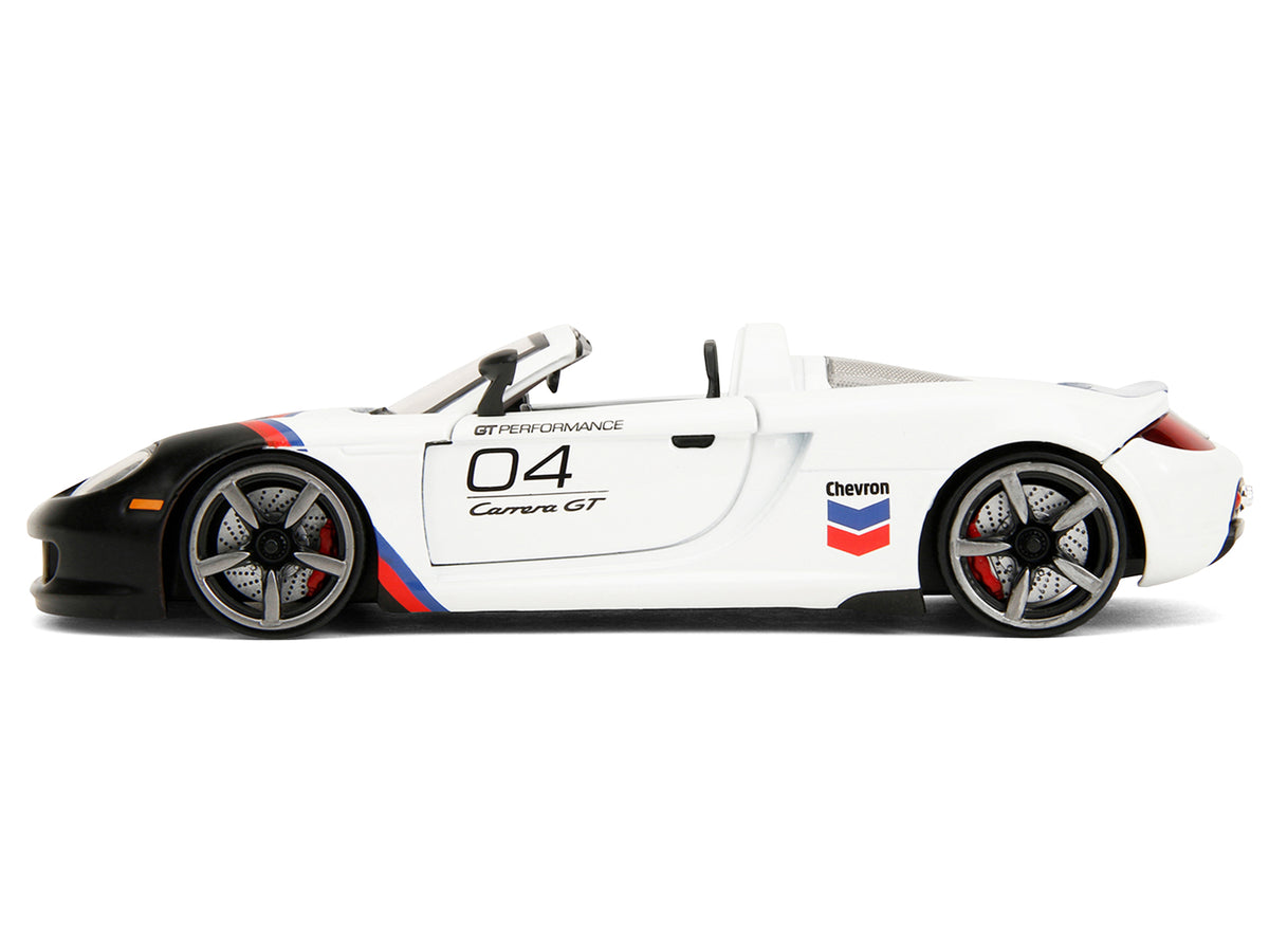 Porsche Carrera GT Convertible #04 'Chevron' White with Graphics 'Hyper-Spec' Series 1/24 Diecast Model Car by Jada