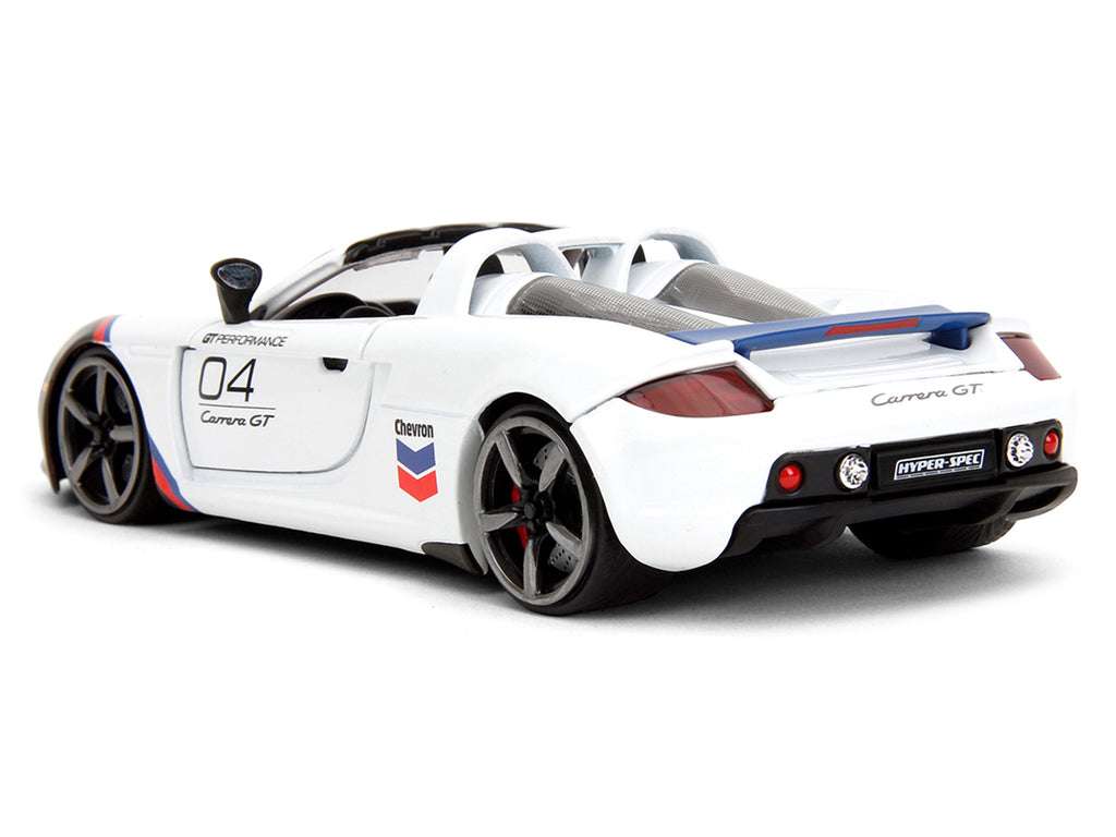 Porsche Carrera GT Convertible #04 'Chevron' White with Graphics 'Hyper-Spec' Series 1/24 Diecast Model Car by Jada