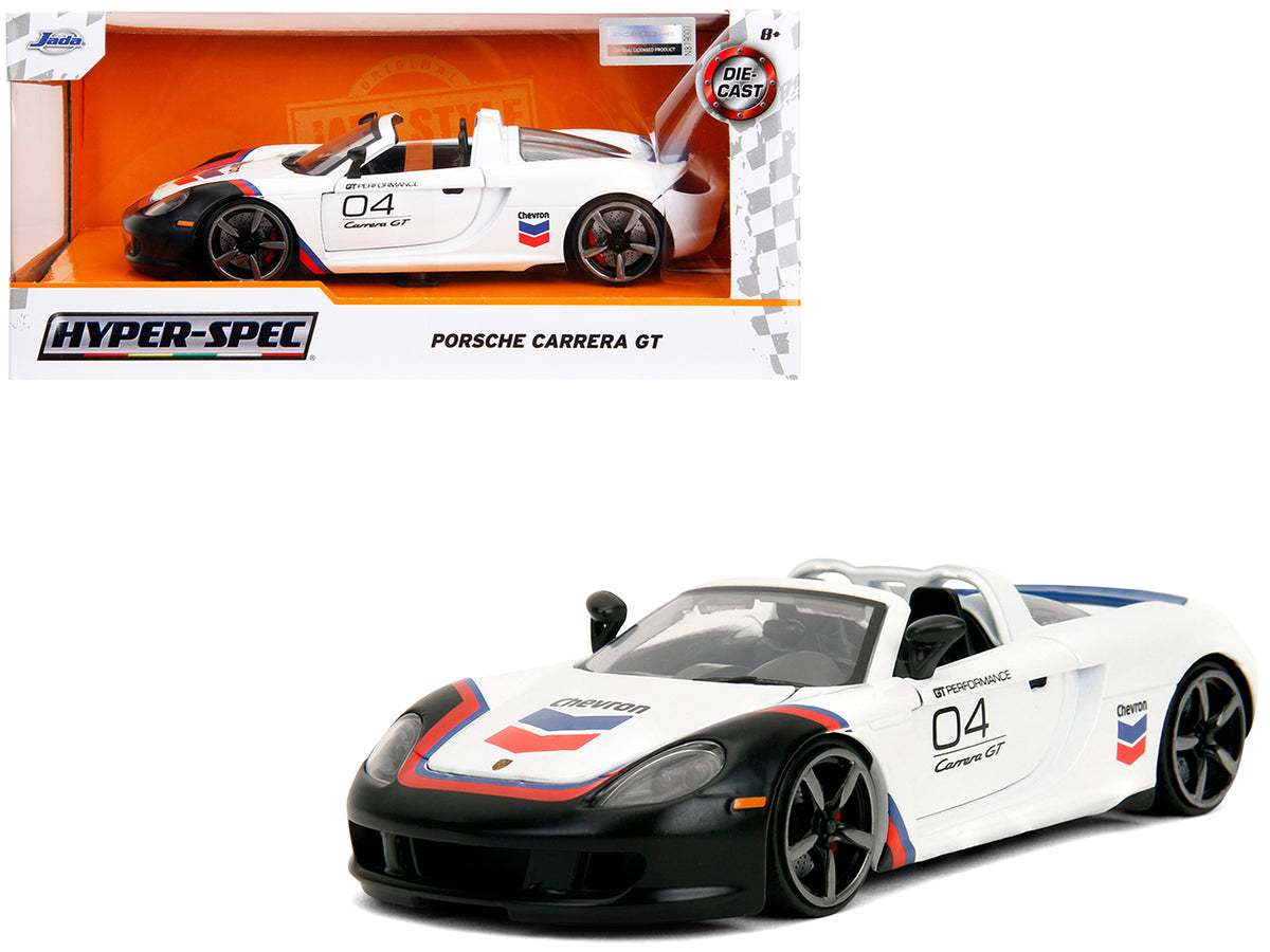 Porsche Carrera GT Convertible #04 'Chevron' White with Graphics 'Hyper-Spec' Series 1/24 Diecast Model Car by Jada