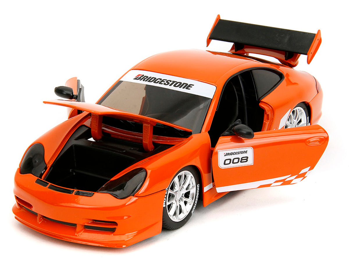 Porsche 911 GT3 RS (996) #008 'Bridgestone' Orange Metallic with White Graphics 'Hyper-Spec' Series 1/24 Diecast Model Car by Jada