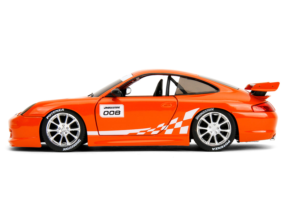 Porsche 911 GT3 RS (996) #008 'Bridgestone' Orange Metallic with White Graphics 'Hyper-Spec' Series 1/24 Diecast Model Car by Jada