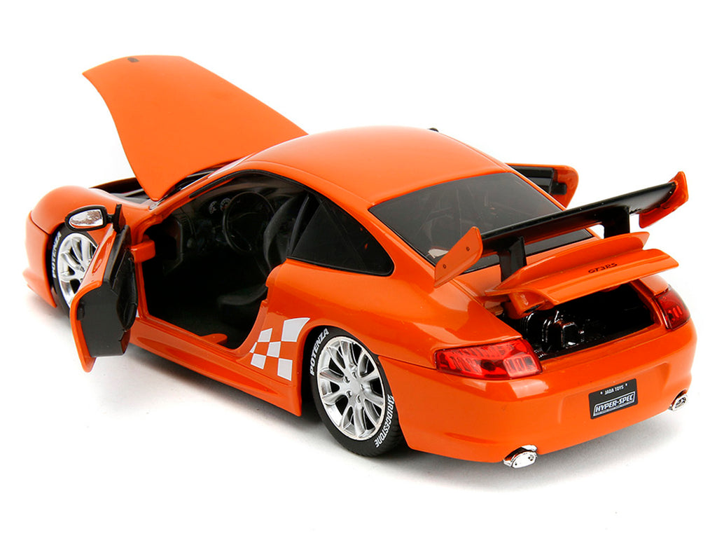 Porsche 911 GT3 RS (996) #008 'Bridgestone' Orange Metallic with White Graphics 'Hyper-Spec' Series 1/24 Diecast Model Car by Jada